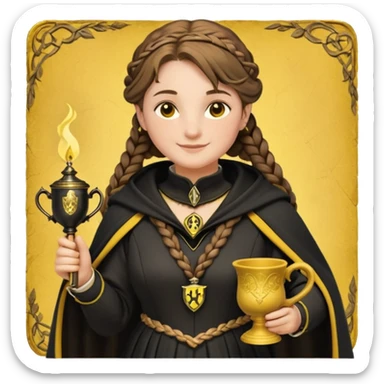 Helga Hufflepuff,the Hogwarts founder of Hufflepuff,brown-haired,2braids,yellow-black medieval dress with black cloak decorated with gold braiding,flickering magic wand and tiny two-handled shiny gold cup engraved with the badger silhouette,very kind smile,curvy busty sweet sticker