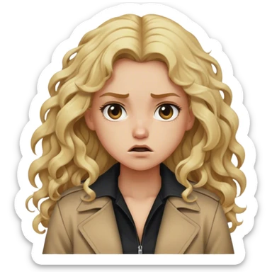 blonde girl long curley hair black shirt long tan jacket mad sticker