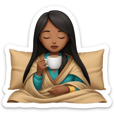 Chocolate brown girl with long straight jet black hair wrapped inside a tan blanket sipping coffee eyes closed sticker