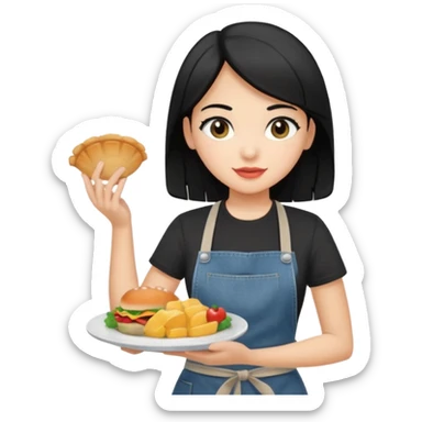 waitress with black hair and a food plate with a black tshirt and ª jeans apron sticker