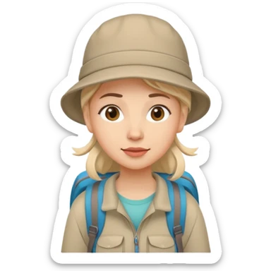 emoticon of a lady hiking, simple expressive face, minimal lines sticker