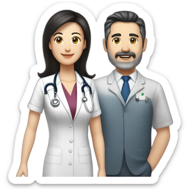 husband middle aged executive classic dark hair thin beard wearing business suit, with wife asian age 55 dark hair wearing nurse uniform sticker