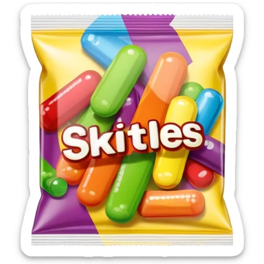 A Skittles candy package with multiple pieces of transparent tape holding it closed, rainbow colored packaging, minimalist style sticker