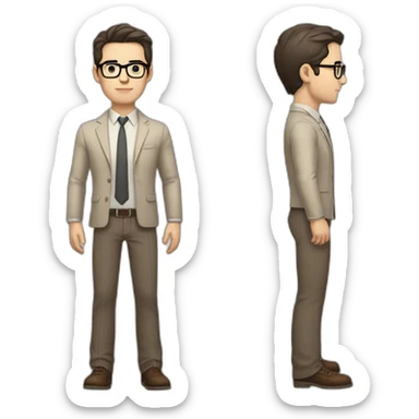 Full height Pale skinned fit man with dark brown hair in gray jacket, beige office shirt, brown tie, brown pants and vintage glasses. His right hand stretched out sticker
