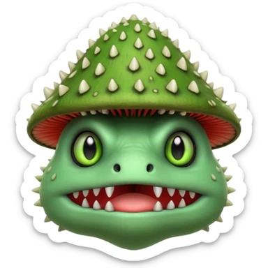 poisonous mushroom monster portrait, head and shoulders only, animal-like creature, mushroom cap head with spikes, toxic green glow, beast-like eyes, furry neck details, monstrous but cute fantasy vibe, 3D cartoon, mobile game icon style, clean background, no text, no watermark

 sticker