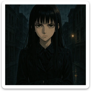 ultra-detailed anime girl with long straight black hair, sharp bangs, pale skin, amber green eyes, cold intense gaze, standing in the rain, cinematic lighting, wet dark school uniform, gloves, noir urban background, moody anime style, gothic shoujo, dramatic shadows sticker
