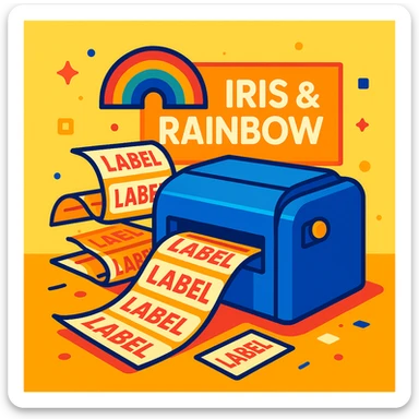 A printer printing a lot of labels, with a background logo that says 'Iris & Rainbow', vibrant and clear composition, colorful, modern, playful, bright, clean, professional look sticker