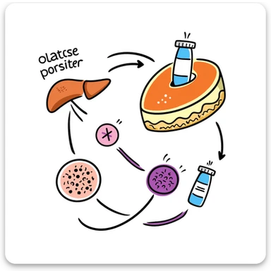 Anti-diabetic treatment diagram: orange liver, pink muscle cells, and yellow fat cells responding to blue anti-diabetic medication, with purple insulin pathways activated. Hand-drawn cross-section showing cellular absorption of red glucose particles and balanced blood sugar levels. sticker