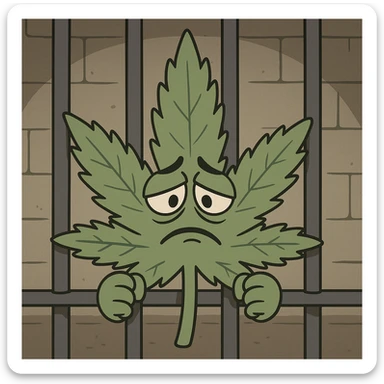 cartoon cannabis leaf in a prison cell, hands gripping bars, sad expression, simple illustration, somber mood sticker