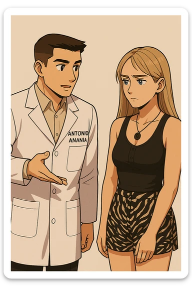 fai un webtoon/manga a colori con questo kinesiologo in camice bianco (fagli la scritta "ANTONIO ANANIA" SUL CAMICE) CHE PARLA CON QUESTA RAGAZZA CON GLI OCCHI AZZURRI. la ragazza gli fa una domanda preoccupata e IL KINESIOLOGO CON IL CAMICE BIANCO LE risponde. NON FARE I FUMETTI, FAI SOLO LORO COME SE DIALOGASSERO sticker