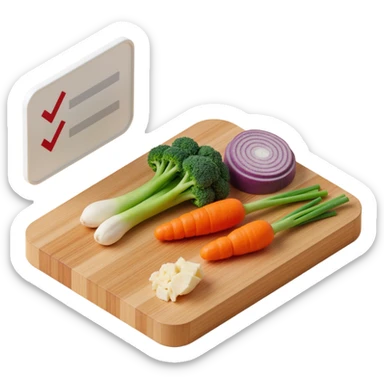 Ingredients on teh wooden cutting board with floating list with check box sticker