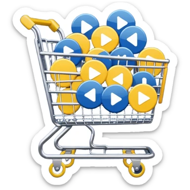 shopping cart filled with round play button icons, only in #DEEB52 and #102C3D, no red sticker