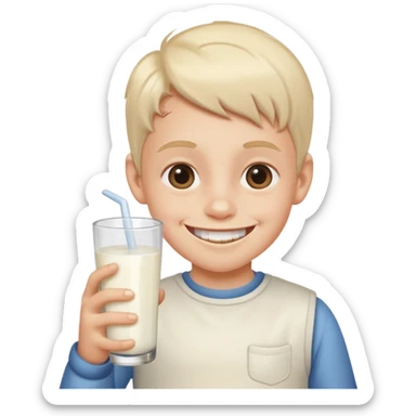 A kid with smile freaky and there is a milk sticker