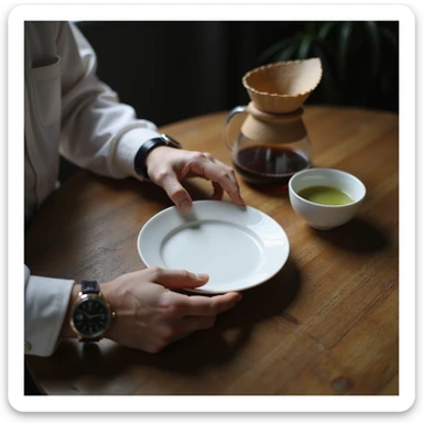 hyperrealistic 4K close-up of a man's hands touching an empty plate, wristwatch showing 23 hours, next to a water carafe and a cup of green tea, Zen environment sticker