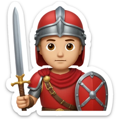 An emoji portrait of a Roman legionary soldier. He wears a helmet and a red tunic. His expression is stern and focused. He holds a short sword. sticker