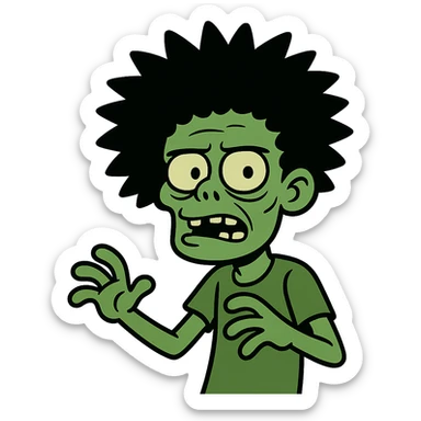green zombie with black spiky afro hair, cartoon style sticker