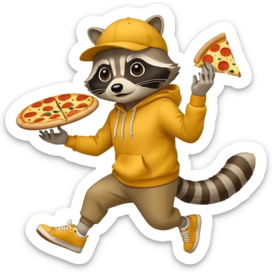 Crear ub mapache que sea solo dibujado con sudadera color mostaza y zapatillas + gorra que esté robando una pizza sticker