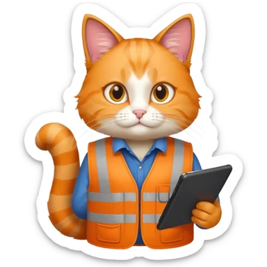 worker cat wearing orange west holding a tablet sticker