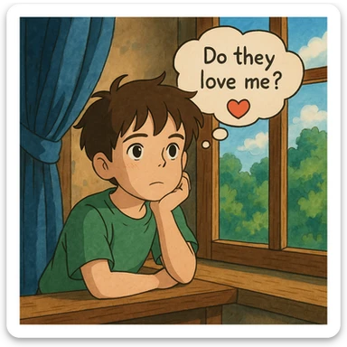 ghibli style illustration of a boy gazing out a window, dreamy expression, thought bubble with 'do they love me?' and a heart sticker