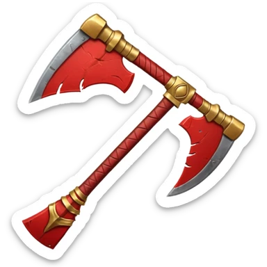 Ares battle axe object icon, ancient Greek war god axe, double-bladed heavy axe, red and gold metal, battle-worn scratches, glowing red accents, 3D cartoon, mobile game icon style, centered, clean background, soft shadow, no text, no watermark

 sticker