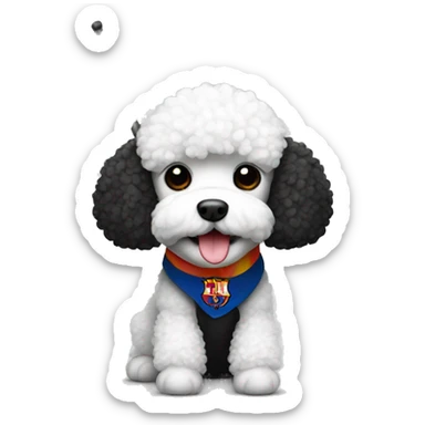 black and white poodle with a Barcelona flag sticker