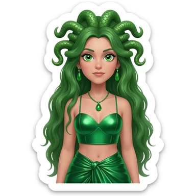 Medusa from Greek Mythology with green eyes, long green hair, green metallic sweetheart crop top, green metallic wrap long skirt, green necklace and earrings sticker