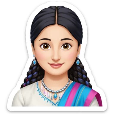 generate a pretty bratz emoji that looks like Kareena Kapoor's Geet character. 
Make her wear a white shirt with a colorful blue-pink dupatta wrapped around her neck. smiling big. Black hair tied into a side part ponytail, silver hoops and no necklace

She should look exactly  like Kareena Kapoor sticker