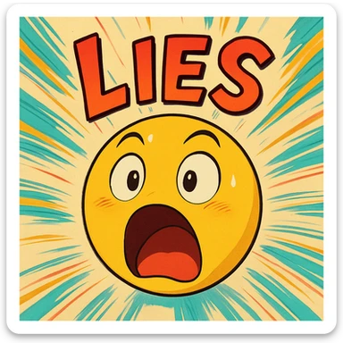 animated emoji with expressive face, mouth open, eyes wide, with the word 'LIES' in bold, energetic lettering, vibrant colors, dynamic motion lines sticker