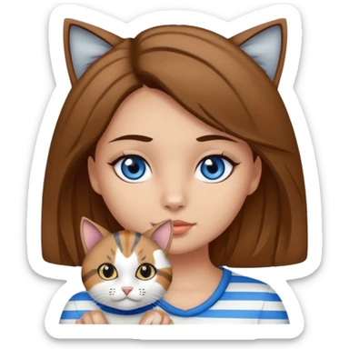 Haz un emoji de una chica con piel clara, ojos marrones, cabello castaño, rizado, cargando a un gato blanco con rayas negras y grises con ojos azules  sticker