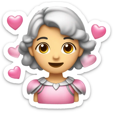emoji sonrojado con corazones flotantes de color rosado y gris flechados y un arito de ángel en la cabeza  sticker