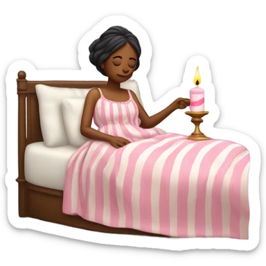 Sleepy emoji woman in pink stripped nightgown wearing a hat and holding a 1800’s candle  sticker