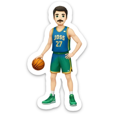 Full Body  white male basketball player with short shaggy dark hair and gold tee mustache wearing blue and green uniform sticker