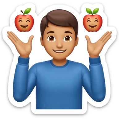 emoji of a cheerful cartoon person pointing down at the ground with both hands — standing straight, smiling confidently, arms bent and both index fingers extended downward — simple background, bright lighting, clean expressive Apple emoji design, playful and clear “here” meaning sticker