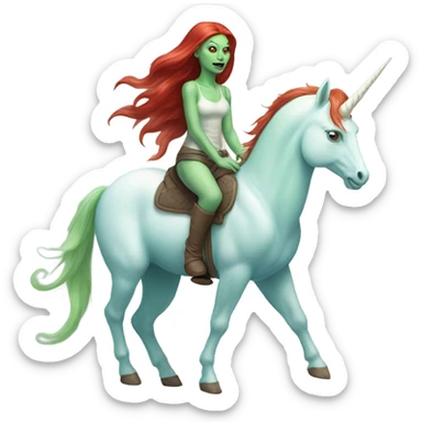 [politically incorrect
	{ woman: alien, color: light green, hair:red, eyes:cat} ]
	on a 
	[{ unicorn: white, legged:four, mane: light blue }] sticker
