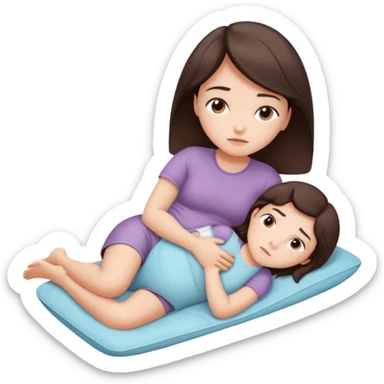  a brunette girl lying down on her side, holding a warm heating pad against her lower belly. She's uncomfortable and sad, her posture should show she’s having menstrual cramps. Use simple lines, rounded shapes, soft colors, and a clean emoji aesthetic. Make it expressive but still adorable sticker