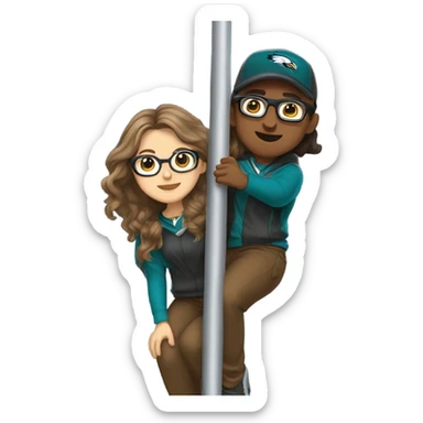 female with long brown hair and glasses and male with light skin and light brown hair who are both eagles fan climbing up a pole sticker
