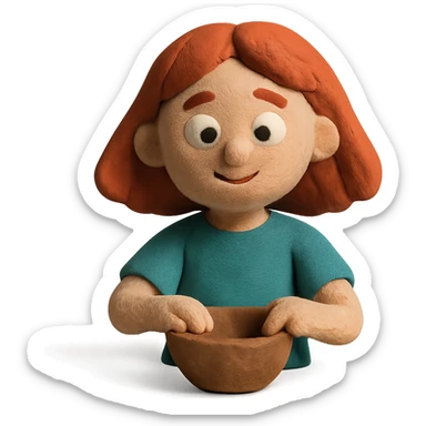 claymation style girl with shoulder-length red hair making a bowl with clay sticker