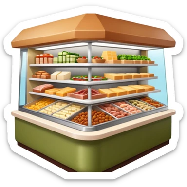 A 3D cartoon deli counter filled with meats, cheeses, and salads, bright lighting, Memoji-style realism. sticker