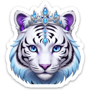 ESO Female white/black tiger khajiit leader of the umbral rose, glowing blue eyes, glowing blue 'third eye' gem; beautiful purple gemmed silver tiara sticker