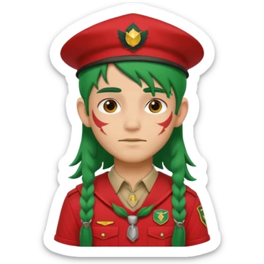 scout boy long hair face tatooes green haired, wearing red uniform with hat sticker