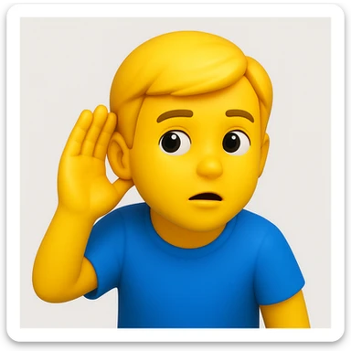 A 3D emoji in iOS emoji aesthetic style of a person wearing a blue t-shirt, holding one hand to their ear while leaning slightly forward as if trying to listen carefully, curious and attentive expression, glossy Apple

 sticker