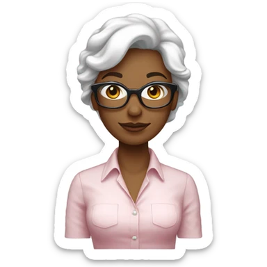 Femme blanche, brune, cheveux longs bouclés, lunettes rose pâle chemise blanche sticker