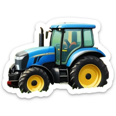 An icon representing a farming simulator, with a detailed tractor plowing fields under a bright sky with bright rural landscape. The design includes farming tools, crops and barns, symbolizing the immersive experience of managing a farm. Transparent background. sticker