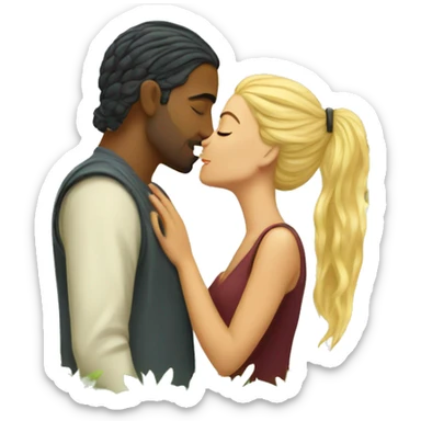 blonde woman with indian man that has a man bun romantic kiss under tree sticker