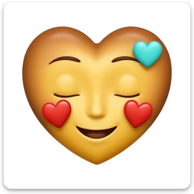 Sweet, happy Apple-style emoji: closed eyes, gentle smile, yellow with gradient, flat cyan background, one red heart at top right, two chocolate pieces replacing other hearts, shiny, realistic, rounded, clean, digital, smooth sticker