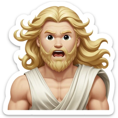Cinematic Realistic Thor Portrait, head tilted slightly with a dramatic, wide-open yawn, revealing a moment of unguarded human vulnerability amidst his divine stature. His fair, luminous skin and elegantly styled, wavy golden hair maintain their sculptural perfection even in repose. Dressed in a flowing white toga with understated golden accents, the portrait is bathed in soft natural light, capturing a rare glimpse of relaxed, timeless strength from a Greek god reborn. sticker
