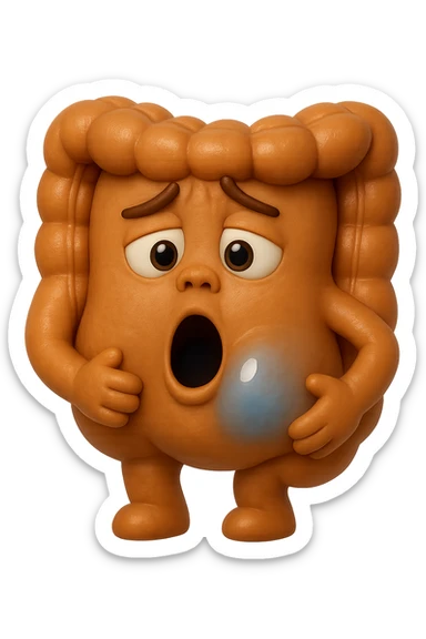 emoji stile iphone di un intestino che ingoia una nuvoletta di aria ben visibile e gli si gonfia la pancia, iperrealistico 4k sticker