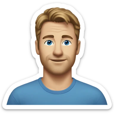 A head and shoulders shot of a 35 year old Caucasian man, with short brown hair,   with blue eyes wearing a t-shirt. sticker