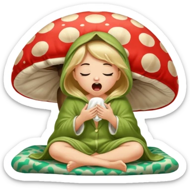 woodland spirit girl in mushroom pajama and oversized blanket yawning sticker