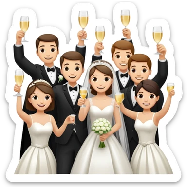 Wedding party raising joints for a celebratory toast, colorful wedding group with bride and groom at the center, cheerful cartoon style sticker